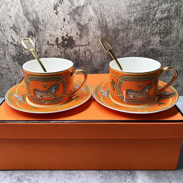 Mugs Tea Cups and Saucers Set of 2 Fine Bone China Coffee Golden Handle Royal Porcelain Party Espresso