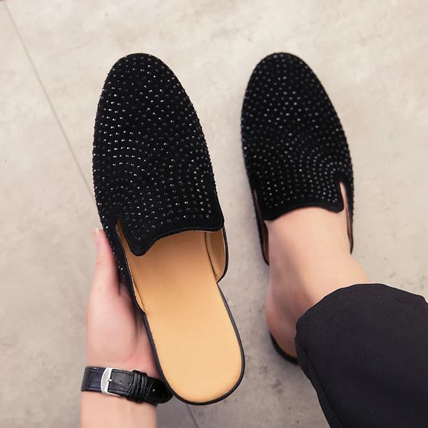 Glitter Rhinestone Leather Shoes Men Outerwear Half Mules Casual Slides Slippers Sandals Male Fashion Mocassins 240618