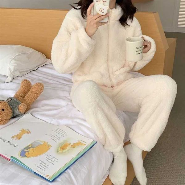 Winter Pajama Sets Women Solid Warm Thick Long Sleeve Zip-up Coral Fleece Comfort Sleepwear Elastic Waist Loose Soft Elegant NewC241209C2501