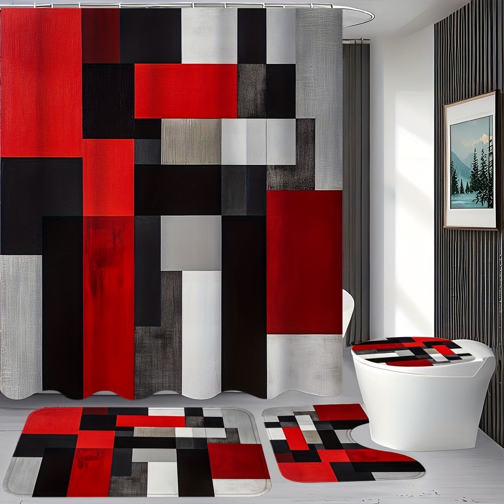 TEMU 1-4pcs Geometry Pattern, Shower Curtain Set With 12 Hooks, Non Slip Floor Mat, Bathroom U-shaped Mat, Toilet Seat Mat, Bathroom Sets Full Set,