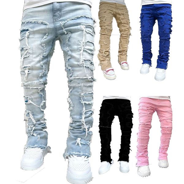 Men jeans straight pants European and American street fashion ins explosions elastic patch cattle Straight pants pants high end quality slim