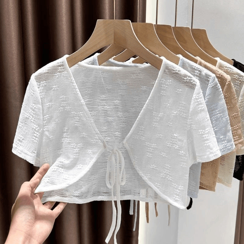 K1215 Lace-up short-sleeved cardigan for women in summer with skirt, shawl, outerwear, short shirt, small waistcoat, thin style