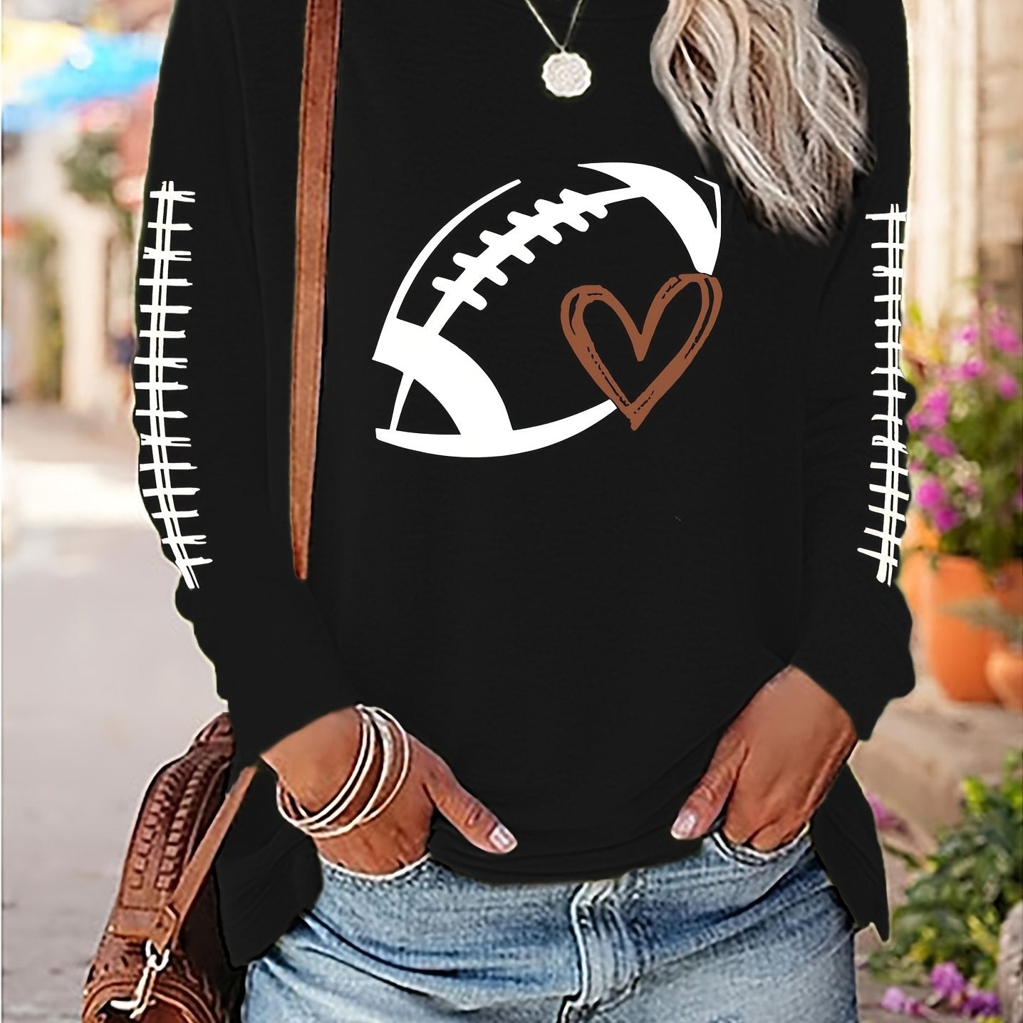 TEMU Women's Long Sleeve Crew Neck T-shirt With Football & Heart Print - Casual Top, Regular Length, Applique Detail, Casual Attire, Casual Wear |