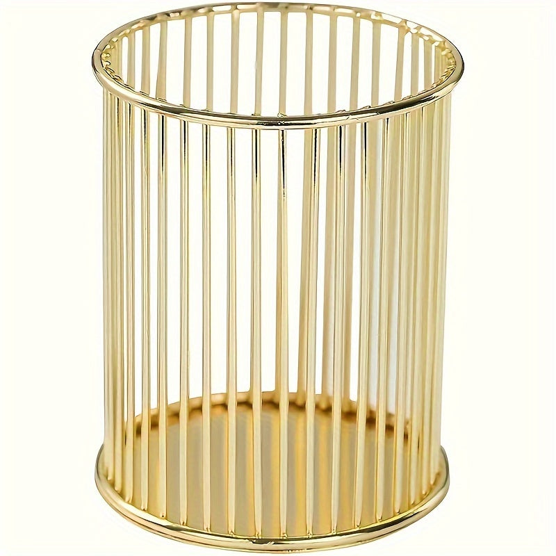 TEMU Elegant Golden & Rose Golden Round Metal Pen Holders - Multi-functional Desk Organizer For Makeup Brushes, Office Supplies | Chic Vanity Storage