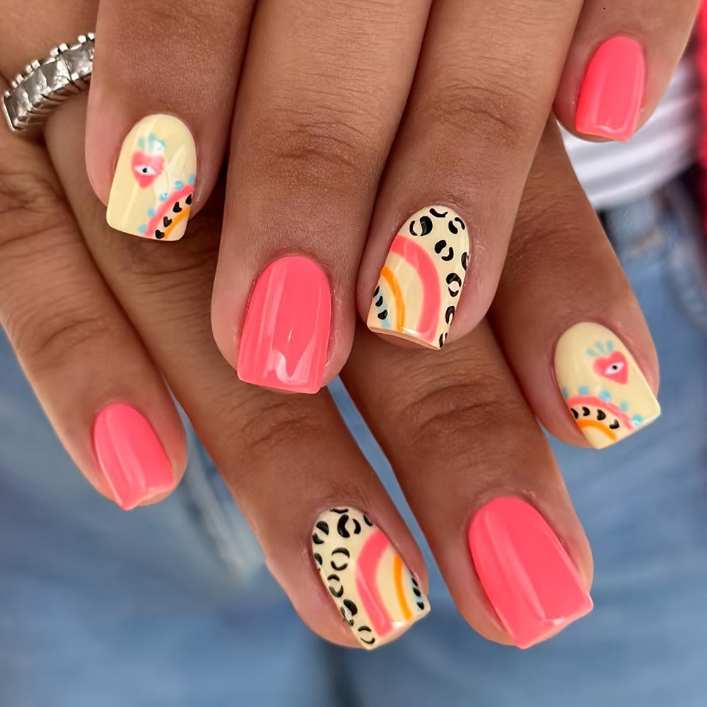 TEMU 24pcs Set Of Adult Wearing Nail Products With Glossy European And And Cool Leopard Print Heart Eye Pattern Detachable Nail Art, Suitable For