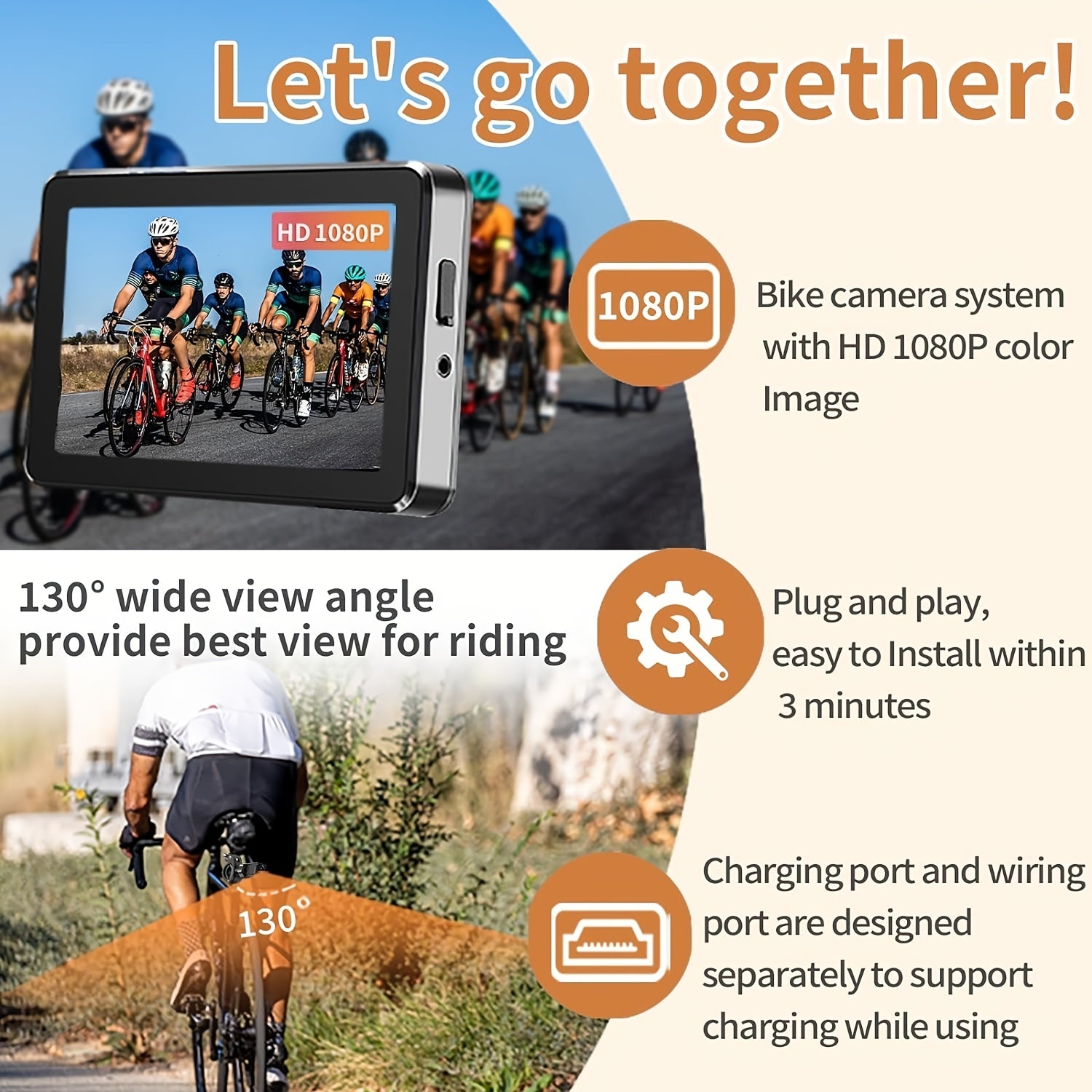 TEMU Bicycle Rear View , 360° Rotatable Night Vision Camera, 4.3 Inch 1080p Hd Display, Suitable For Mountain-road Bike, E- To Install, Upgraded