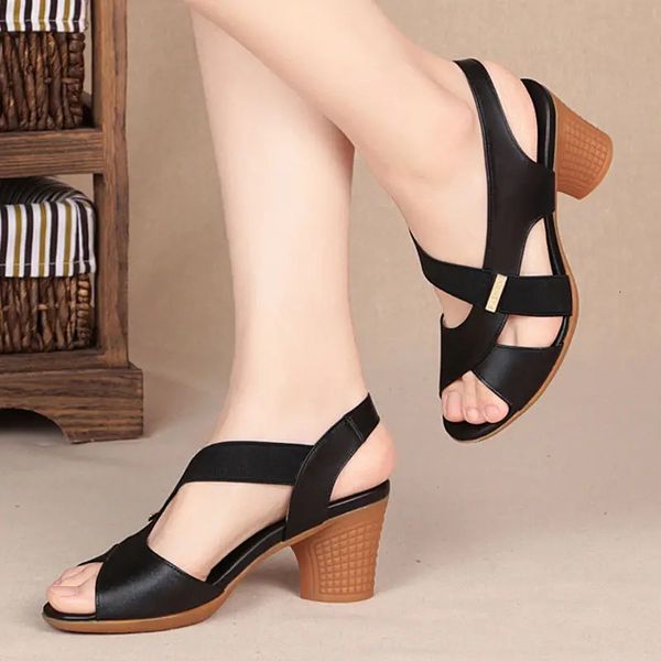 Mid-heel Sandals Women Summer Shoes Comfortable High Heels Thick Heel Peep Toe Non-slip Soft Bottom Mother Shoes Slip-On 250113