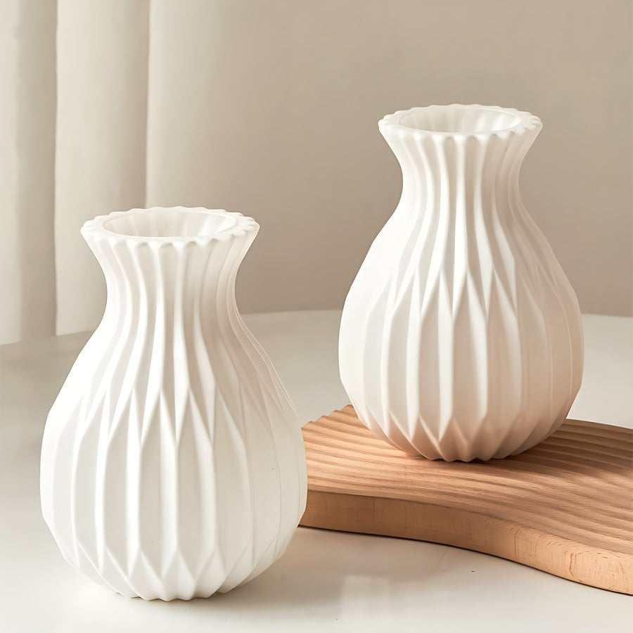 TEMU 1pc Boho-style Striped Plastic Vase With Elegant White & Arrangement - Durable Cylinder Vase For Living Room, Study, And Wine Cabinet Decor |