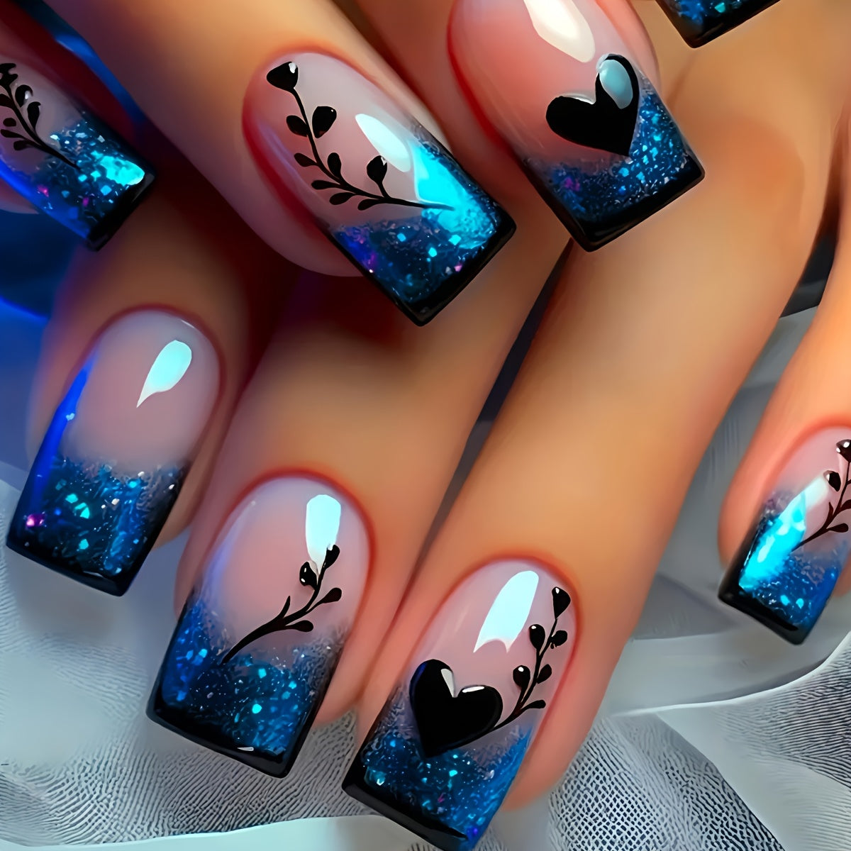 TEMU 24pcs Short Square Glossy Press-on Nails - Blue To Black Gradient With Floral & Heart Designs, Reusable False Nails For Casual Attire, Parties,