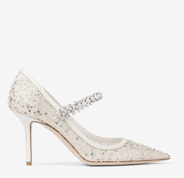 25s Party Wedding Bridal Sandals Shoes-Bing Pumps Bombas de malha de malha de malha de marfim Bomba de cristal com acabamento manual Ponto d