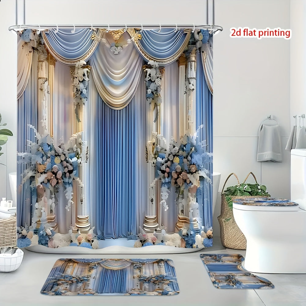 TEMU 4pcs Elegant Vintage Bathroom Set With Shower Curtain, Non-slip & Toilet Cover - Luxury Drapery Bath Decor, U-shaped Floor Mat & Toilet Lid,