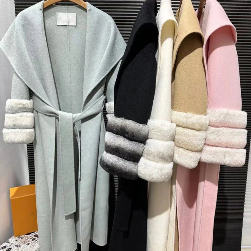 Womens wool coat womens Rex rabbit fur collar oversized trench winter Chinchilla colored cashmere 240918