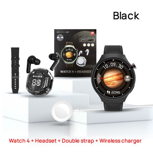 BD New D21 watch4 round screen smart watch set 2+1 leather strap Bluetooth call headphone gift box