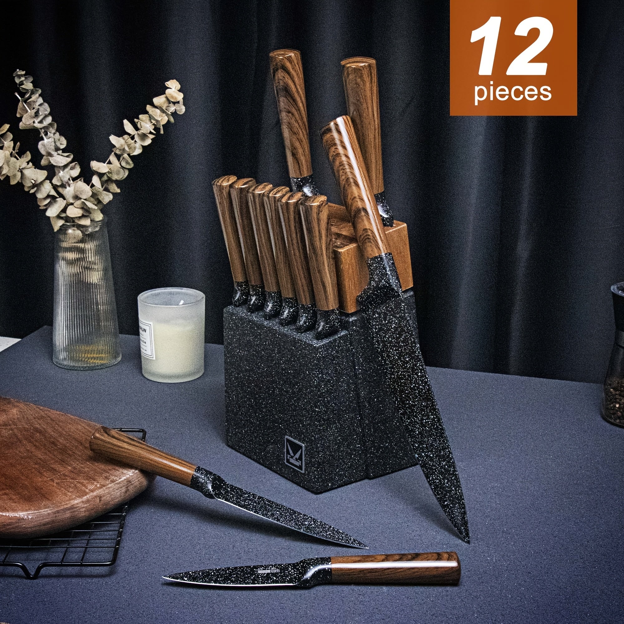 TEMU 4-5-12-15-16-20pcs High Carbon Stainless Steel Knife Set With Knife Block - Including Wood Grain Handle And Steak Knives. Suitable For Family