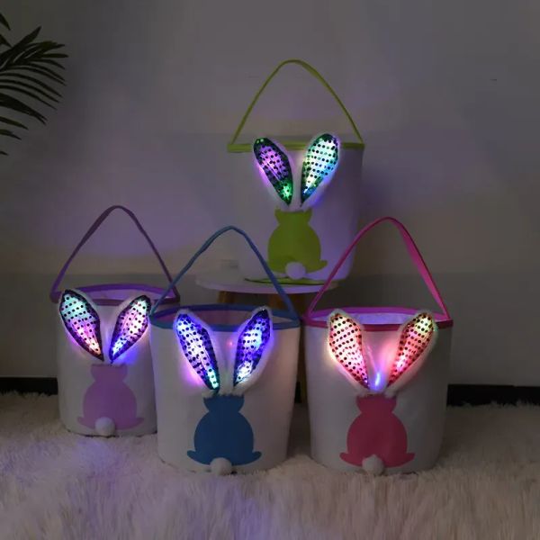 LED Flashing Light Sequin Bunny Easter Handbag Rabbit Egg Basket Hunt Bags Canvas Cotton Bucket Tote With Fluffy Tail For Kids Party Decorat