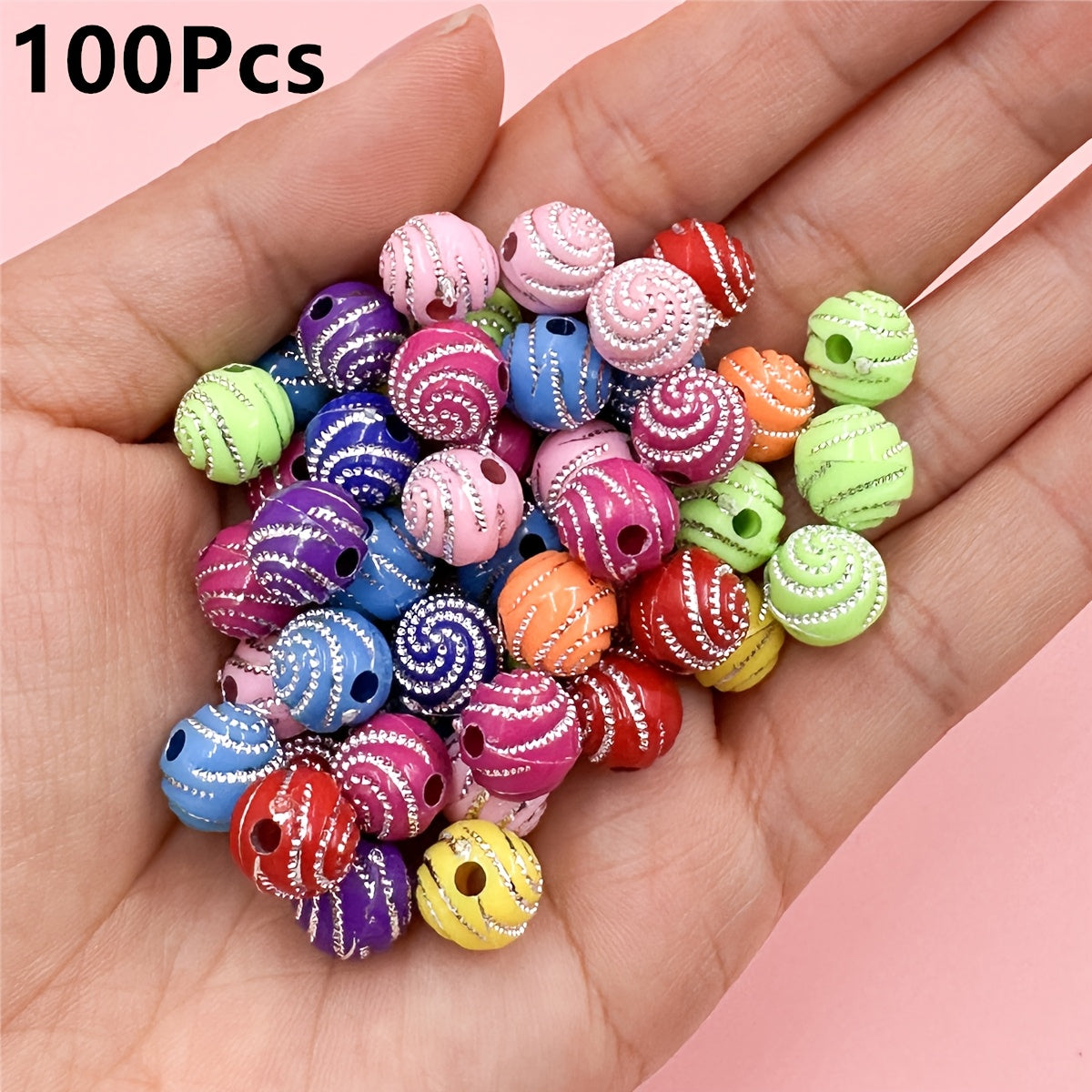 TEMU 100pcs 8mm Spiral Acrylic Beads With Sparkling Embellishments - Multicolor Glossy Loose Bead Assortment For Making, Bracelets, Necklaces, Phone