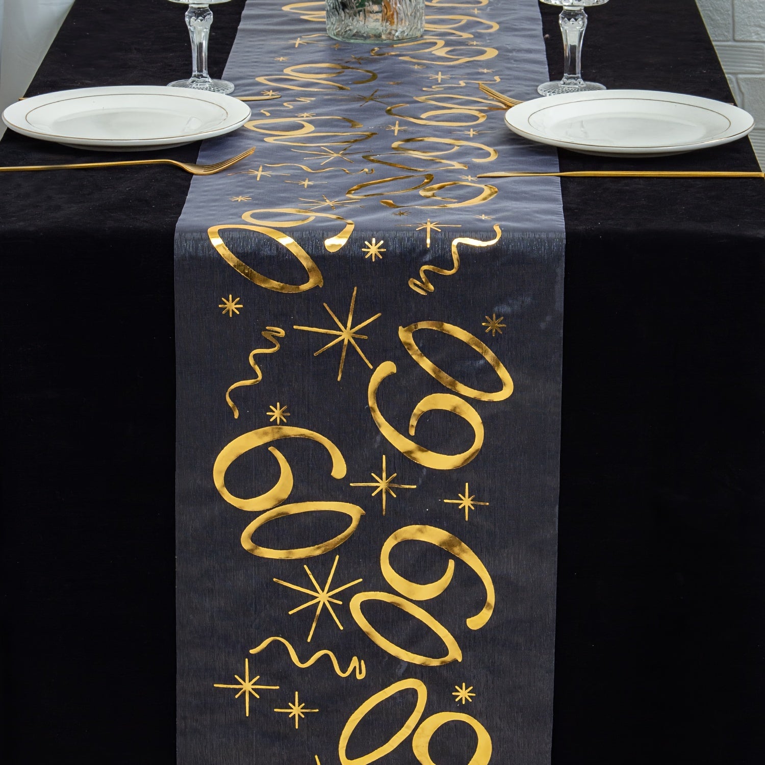 TEMU 1pc 11x108 Inch Golden Glitter Number Table Runner - Polyester Rectangular Party Decor With Sparkling Stars & Swirls For Birthdays, Retirement