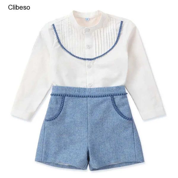 2024 Elegant Baby Boys Birthday Clothes Set Children British Style White Blouse + Blue Pants Infants Top and Bottom Kids OutfitM240712