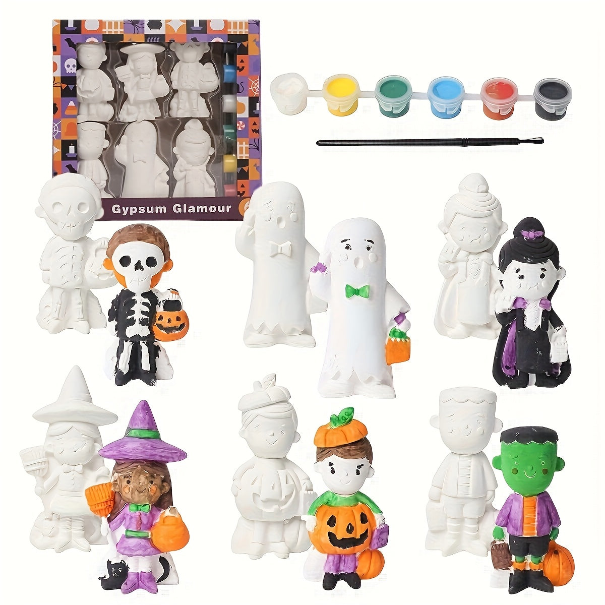 TEMU 6pcs-set 3d Diy Painting Kit, Halloween Desktop Decoration, Unpainted Plaster Figurines With Brushes And Acrylic Paints. Arts And Crafts Kits