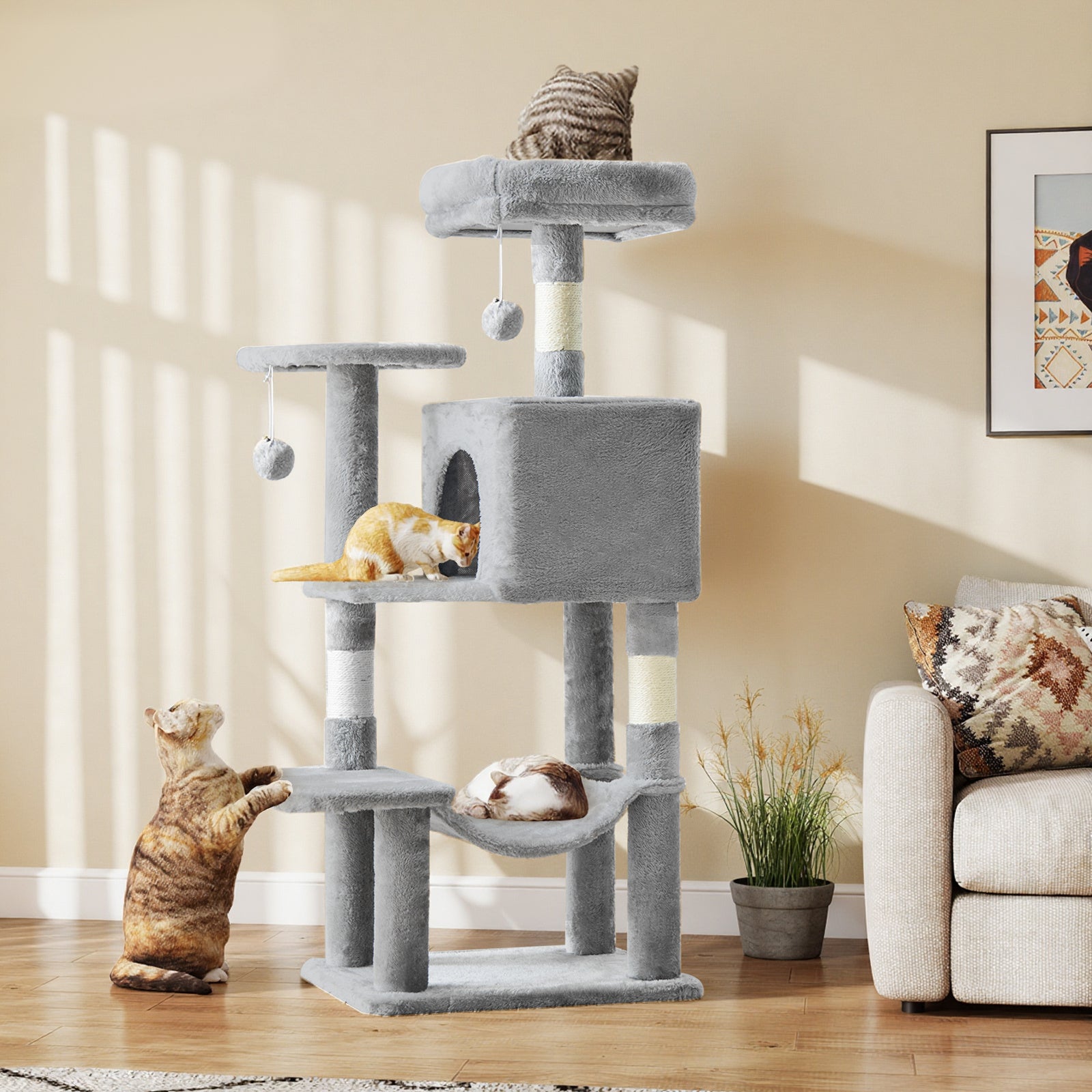 TEMU Jhk 44-inch Multi-cat Tree Tower With Condo & Hammock - Natural Sisal Scratching Posts, Perches, Pet House For Indoor Cats, Beige-gray-light