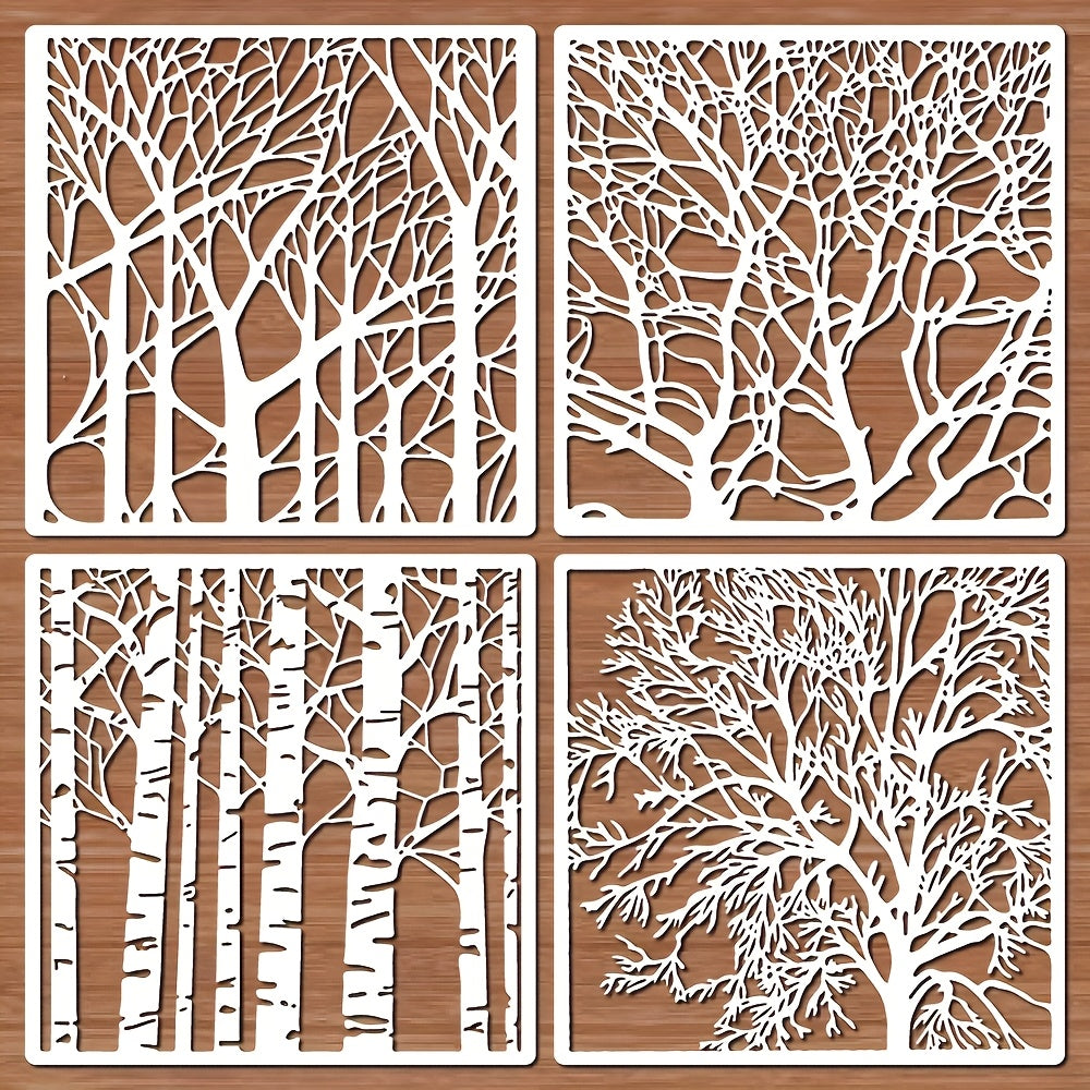 TEMU 4pcs Tree Trunk Stencils, Cream White, 7.87 Inches, Reusable, Plastic, Art For Wood, Fabric, Walls, Furniture, And Diy Crafts