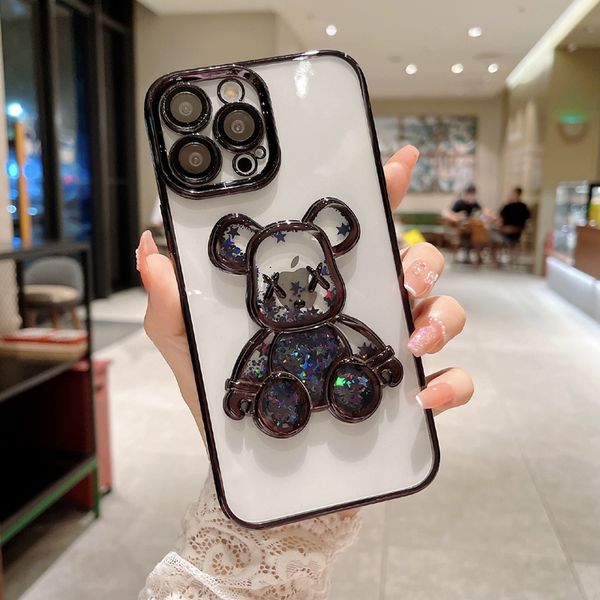 Transparent Glitter Bling Sequins Quicksand Cute Bear Cases For iPhone 16 15 14 13 12 11 Pro Max XS XR X iPhone14 Clear Mobile Phone Silicon