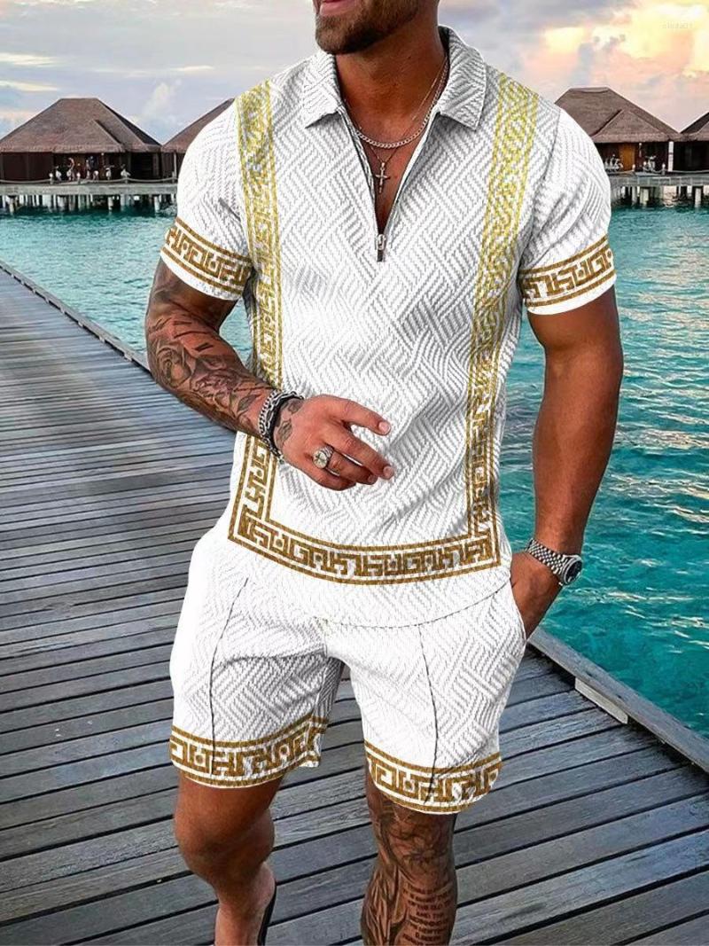 Men&#039;s Suits Men&#039;s Summer Tracksuit Luxury Gold Chain Polo Shirt Set Turn Down Collar Zipper Clothing Streetwear Casual Outfit Suit