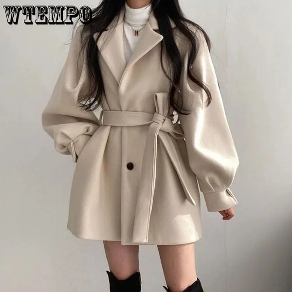 Women&#039;s Wool Blends Mid Length Topcoat Blazer Collar Woolen Coat Women Belted Winter Jacket Niche Vintage Loose Fashion Overcoat Solid