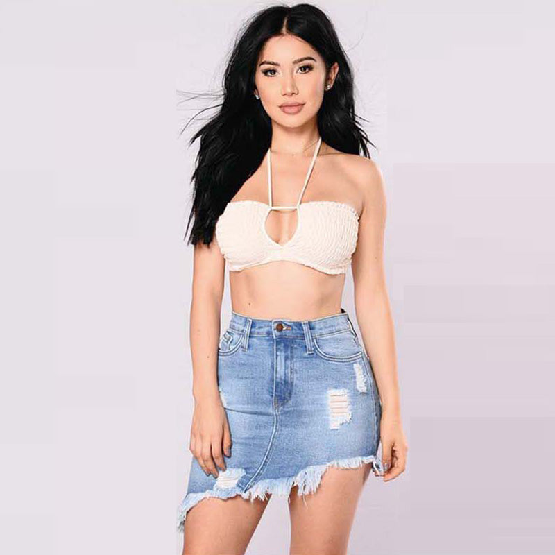 Women Short Denim Dress Skirt Ripped Hole Tassels High Elastic Mid waist jeans Knee Length Skirts A-line Casual Female Free Shipping Mini Skirt