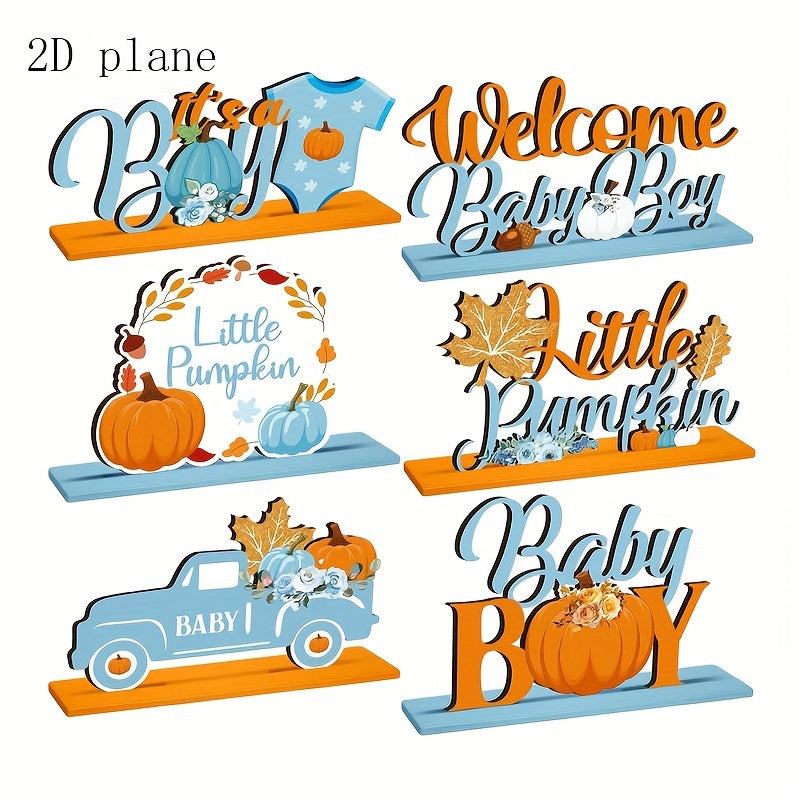 TEMU 2d Flat, 6pcs 2d Flat Decorations - Blue Tabletop Centerpieces With "welcome Baby Boy" & "little Pumpkin" Signs, Autumn-themed Table Decor For