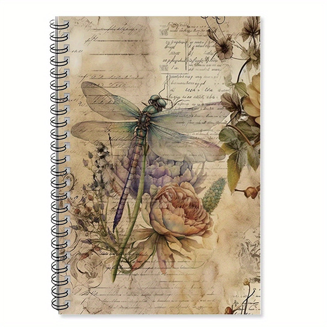 TEMU 1pc Elegant Spiral Notebook - Vintage With Roses, Purple Dragonfly, Beige Background - Compact Notebook For Office, Journaling, Gift -
