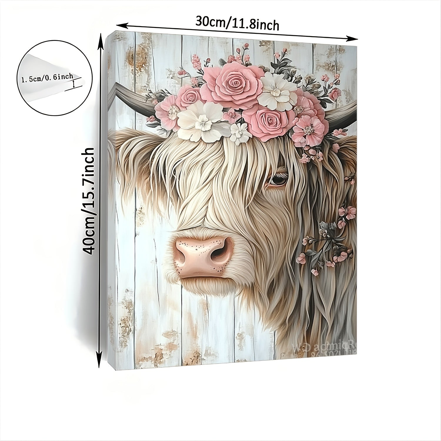 TEMU Room Decor 1pc Rustic Wooden Framed Highland Cow Canvas Art Print, Floral Crown Wall Decor, Woven Bachelor Party Decoration, Unique Christmas