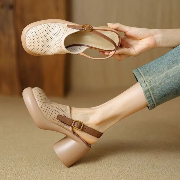 Women New Sandals Summer Mid Heels Chunky Casual Designer Dress Pumps Mules Breathable Shoes atos Ladies a01f