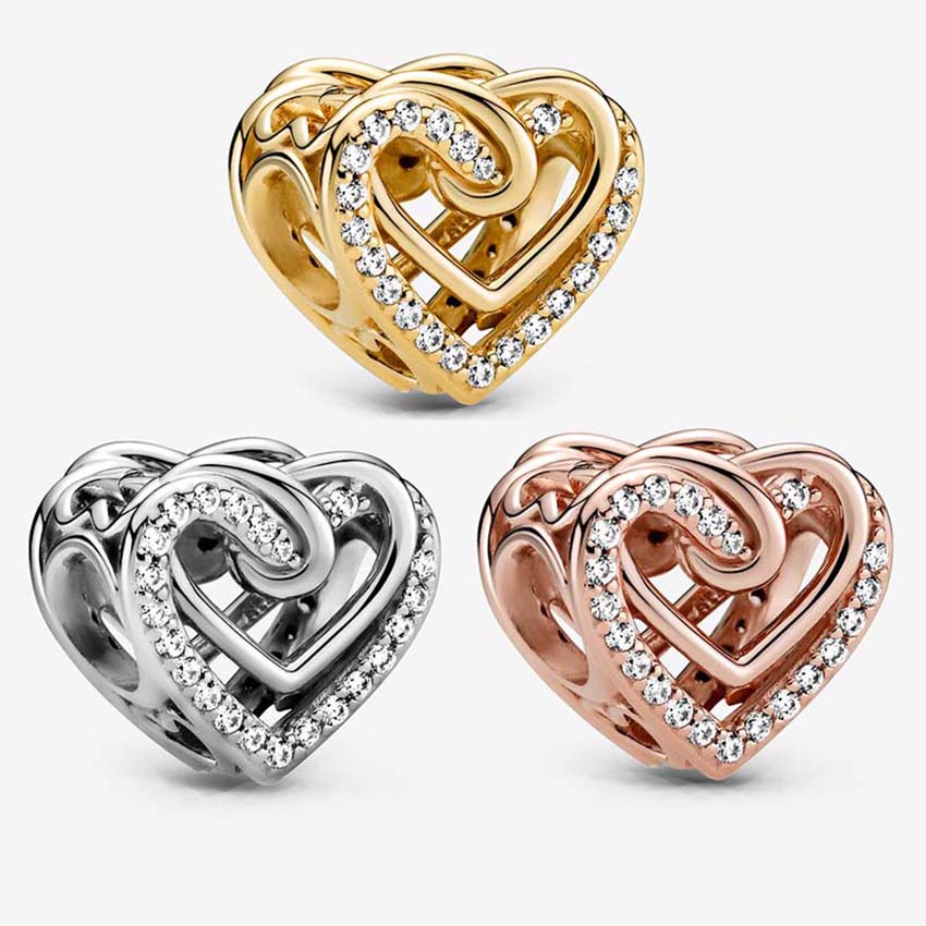 Sparkling Entwined Hearts Charm 925 Sterling Silver Logo Set Bracelet Bangle DIY Making Components designer Jewelry Luxury Gold Love Beads charm wit