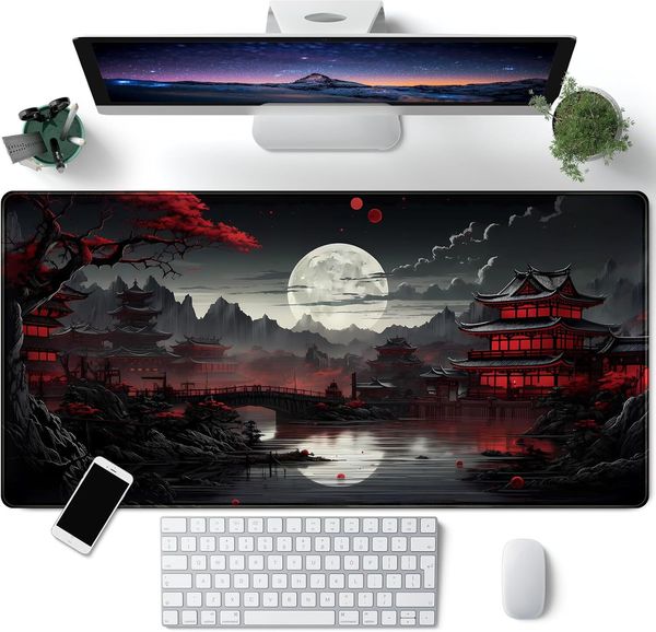 Riverside Full Moon Black Red Large Gaming Mousepad Extended XXL Pad 31.5 x 15.7 in Laptop Computer Mouse Keyboard Mat for Office Desk Decor