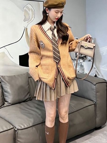 Japan School Uniform Women Winter Korea Stripe Knitting Cardigan Skirt Sets V-neck Long Sleeve Coat School Cosplay Girl Uniform