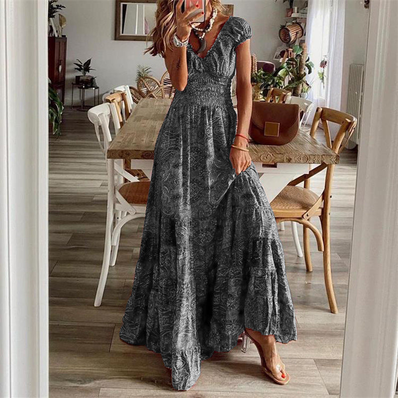 H7210New West Mia retro dress long dress waist floral print big swing dress