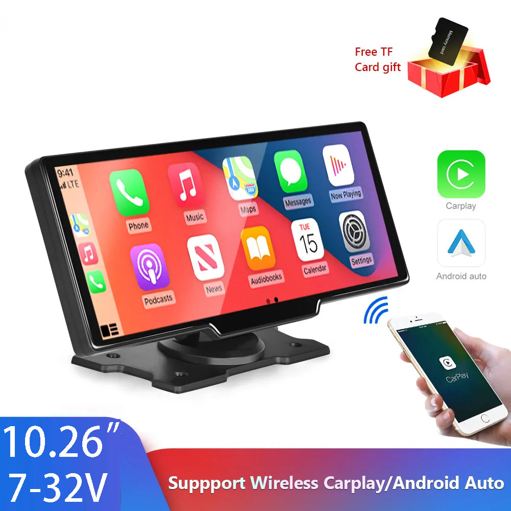 Large 10.26 inch Car Video Monitor Portable DVR Wireless CarPlay Navigation for All Cars Touch Screen Control Androidauto HD Front and Backup Camera