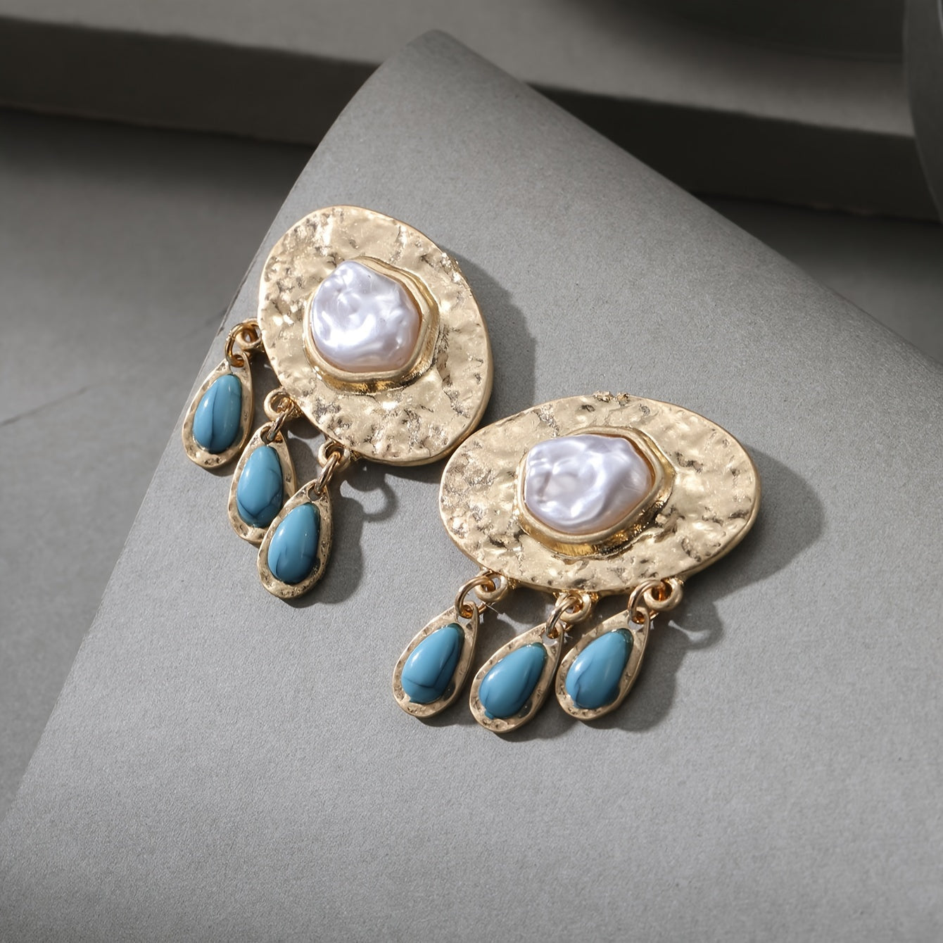 TEMU Bohemian Turquoise & Drop Dangle Earrings For Women - Golden-tone -like Hoops With Fringe Tassel, -green Turquoise Beads, Wedding Party Vacation