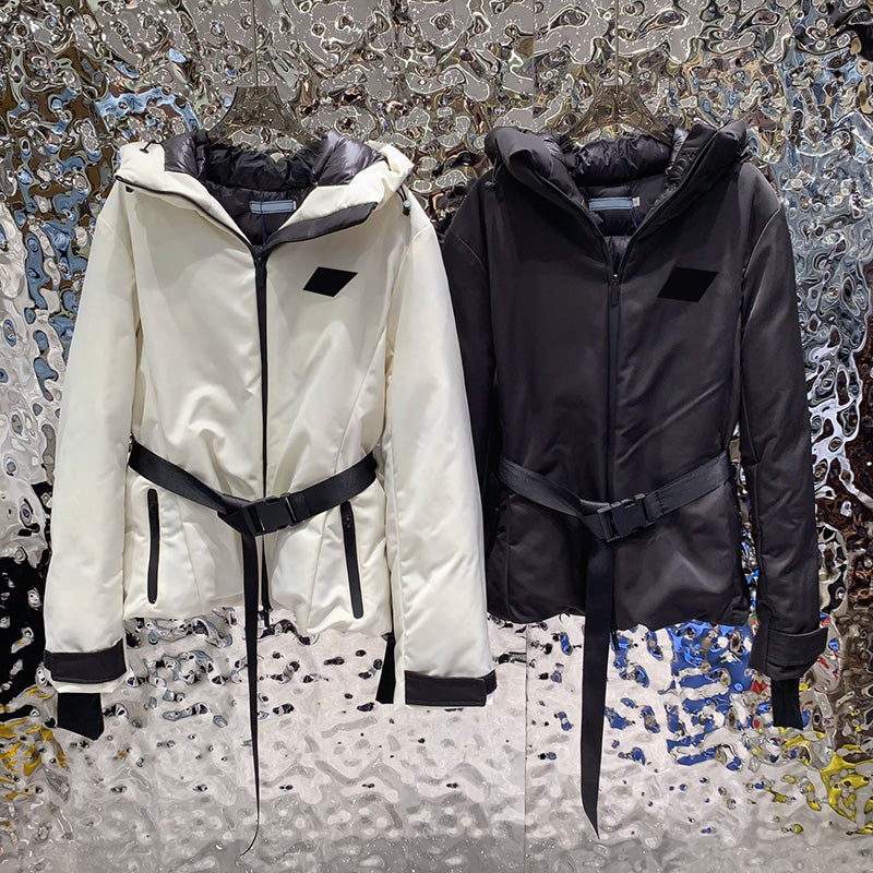 Women Triangle Badge Jacket Windproof Hooded Coat Zip Up Jackets With Belt Cotton Fabric Outerwear