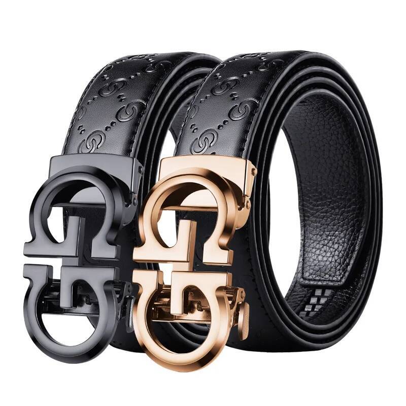 Casual Business Men&#039;s Alloy Letter Automatic Buckle Cow Leather Emed Belt Fashionable Viral Video In Stock