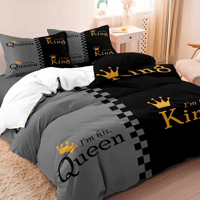 TEMU 3pcs Valentine's Day Duvet Cover Set (1*duvet Cover + 1-2* Pillowcase, ), Stylish Black And Gray Printed Bedding Set, Soft, Comfortable And