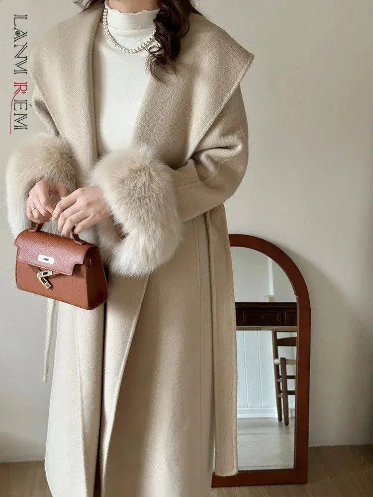 Lanmrem Fox Fur High end Wool Coat Womens Big Collar Double sided Belt Coat Womens Clothing Winter 2DA2595 240909