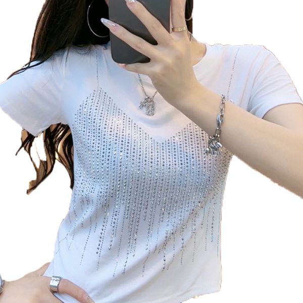 t shirt designer women shirt T-shirt shirts women Crew Neck Diamond Short sleeve Rhinestone Polka Dot Loose Breathable S-XL render tops goth