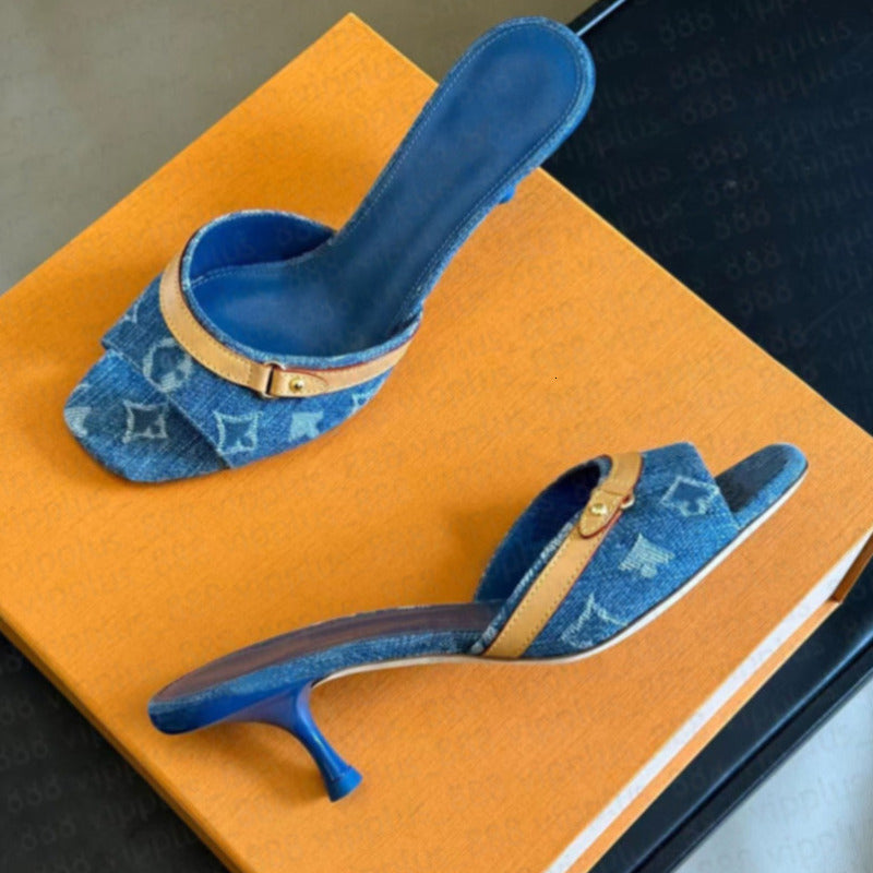 Women Revival Mule Designer Blue Denim Sandals Embroidered Printed Stiletto Heels Leather Round Toe Flip-Flops Summer Denim Mule Sandal High Heel 07