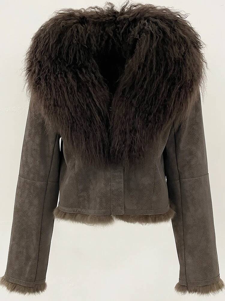 OFTBUY Suede Jacket Women Autumn Winter Fashion Short Warm Real Rabbit Liner Clothes Natural Mongolia Sheep Fur Coat Female