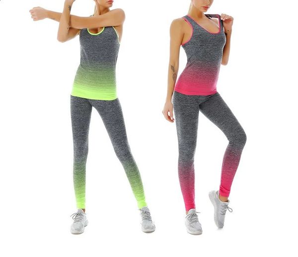 MENINAS Fitness Suit Super Elastic Gradual Change Color Color Ninepoint Pants Sportswear Yoga Vensional Roupas para mulheres 250122