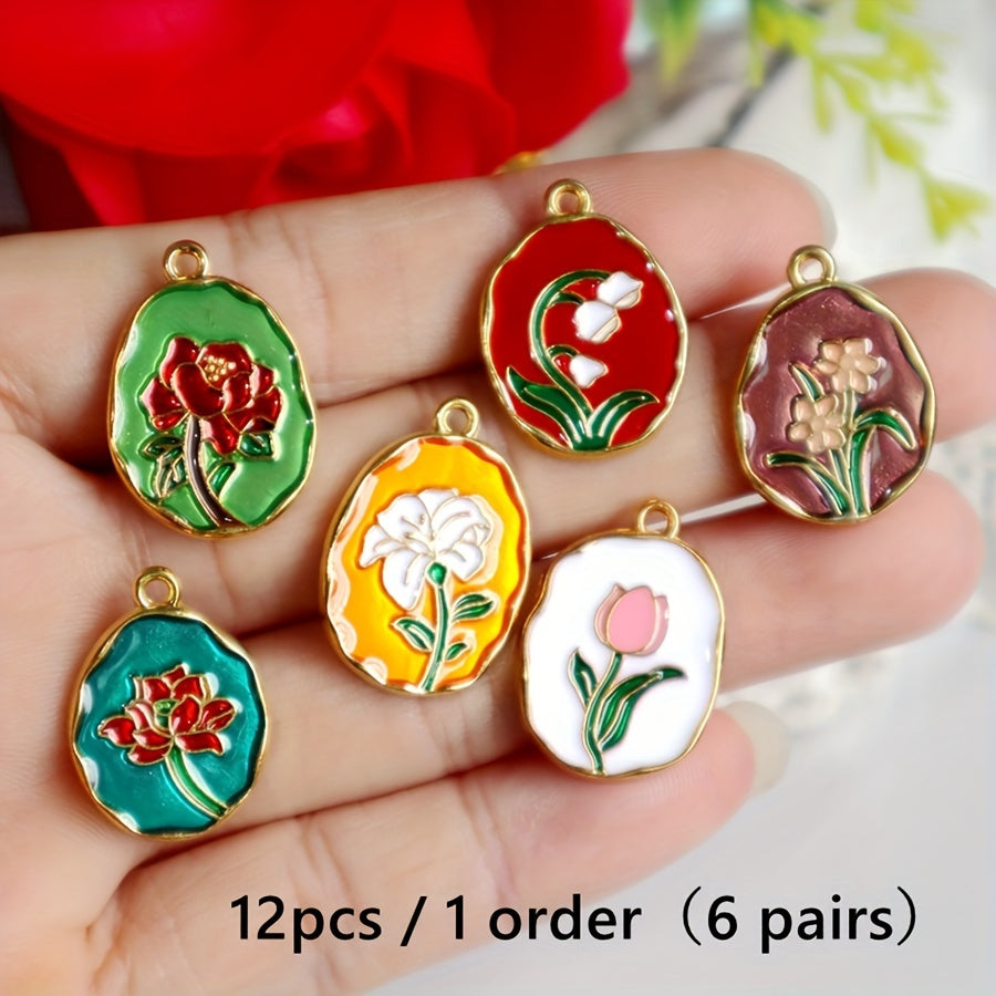 TEMU 12pcs Vintage Exquisite Alloy Pendant, Rose Magnolia Tulip Chrysanthemum For Lotus Enamel Metal Charms, Diy Necklace Bracelet Earings Keychain