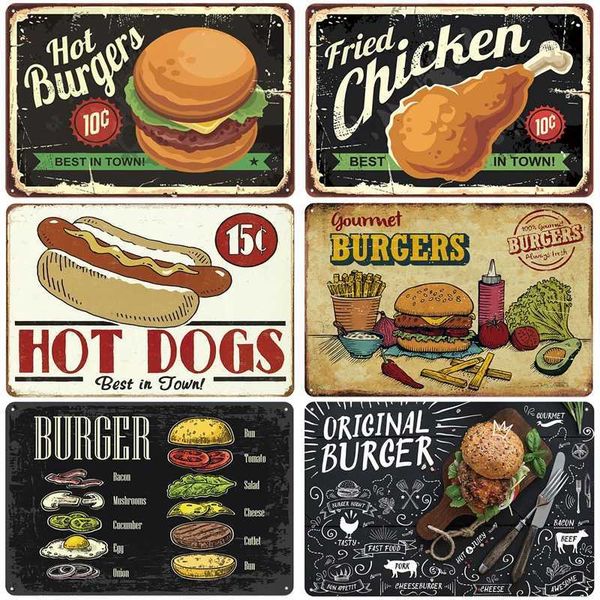High Quality Hot Burgers Plaque Metal Tin Sign Vintage Poster Fried Chicken Retro Plate Wall Decor for Kitchen Restaurant Shop T250118