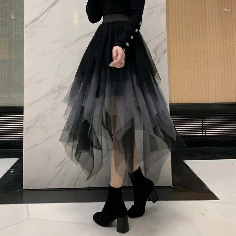 Skirts Gothic Black Grey Mesh Long Skirt Women Multilayer Irregular Dark Aesthetic Fairy Grunge Midi Punk Emo Alt Korean Fashion
